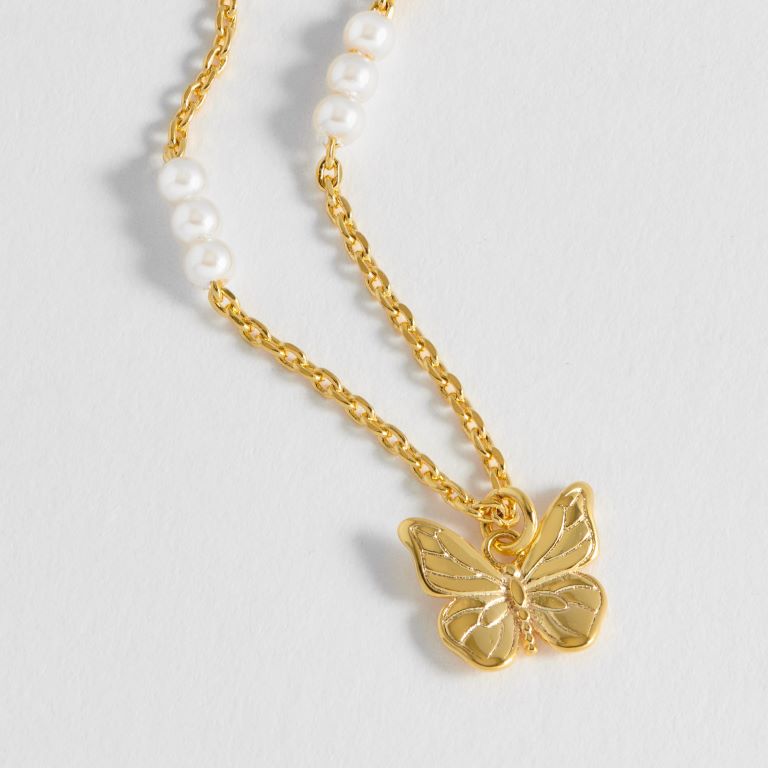 Pearl And Butterfly Necklace - Gold Plated