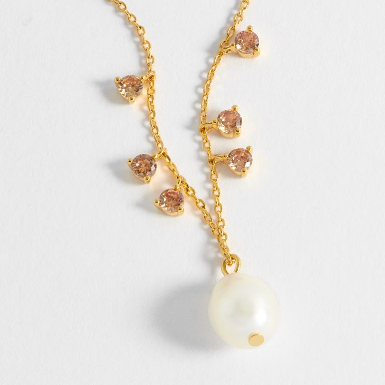 Pearl And Orange CZ Necklace - Gold Plated