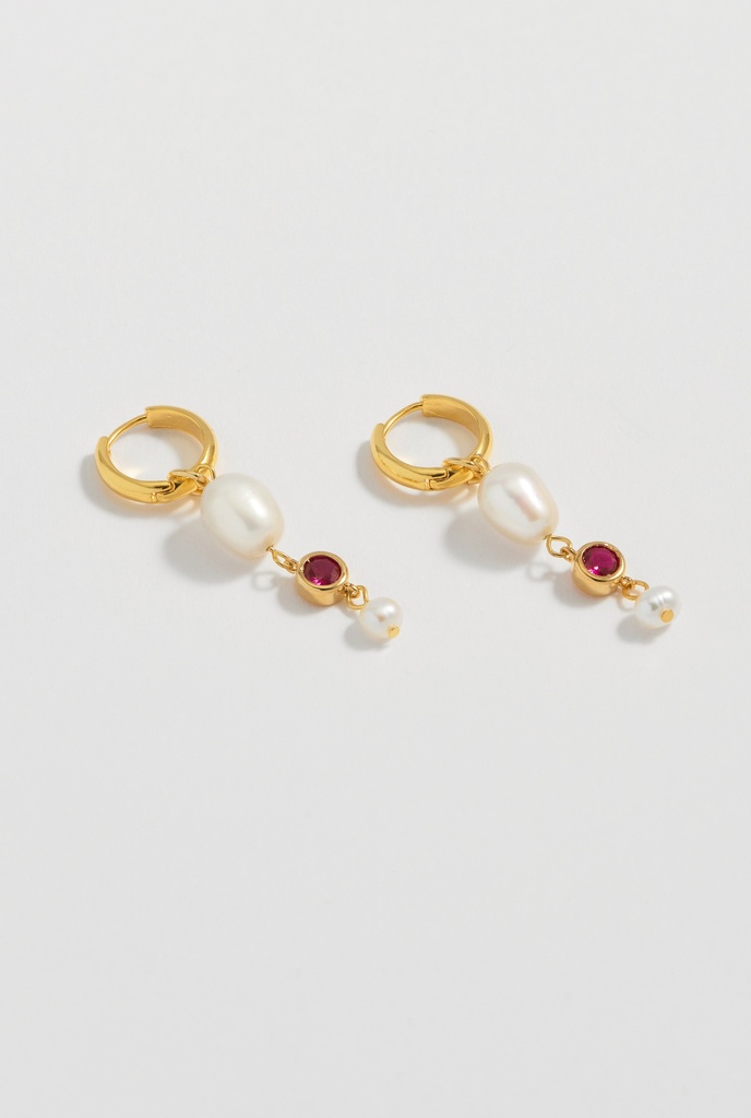 Pink Cz Organic Pearl Drop Hoops - Gold Plated