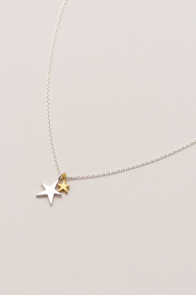 Two Tone Double Star Necklace - Silver Plated