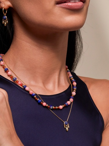 Pink, Blue And Red Beaded T Bar Necklace - Gold Plated