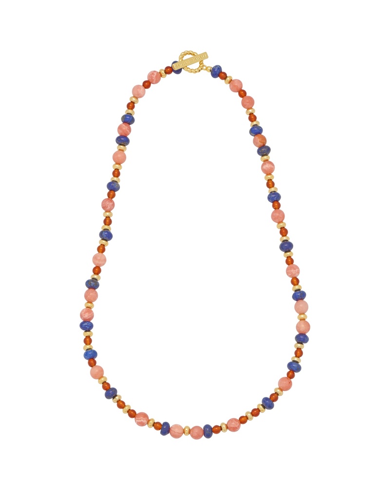 Pink, Blue And Red Beaded T Bar Necklace - Gold Plated