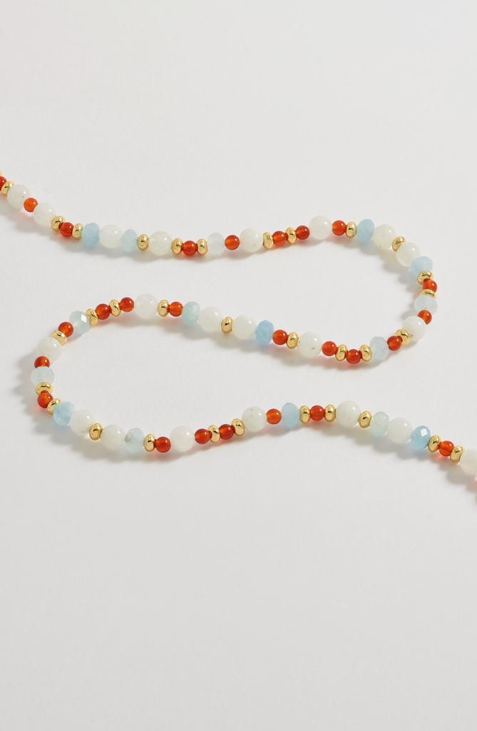 Moonstone, Blue And Red Beaded T Bar Necklace - Gold Plated