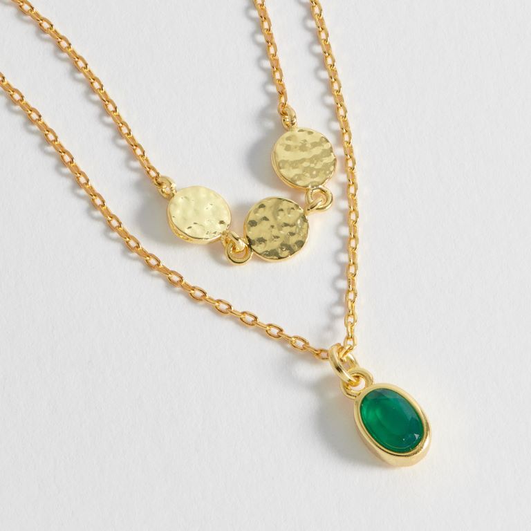 Hammered Disc And Green Stone Duo Necklace - Gold Plated