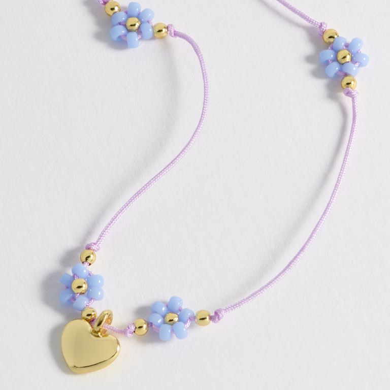 Heart And Blue Flower Miyuki Necklace - Gold Plated