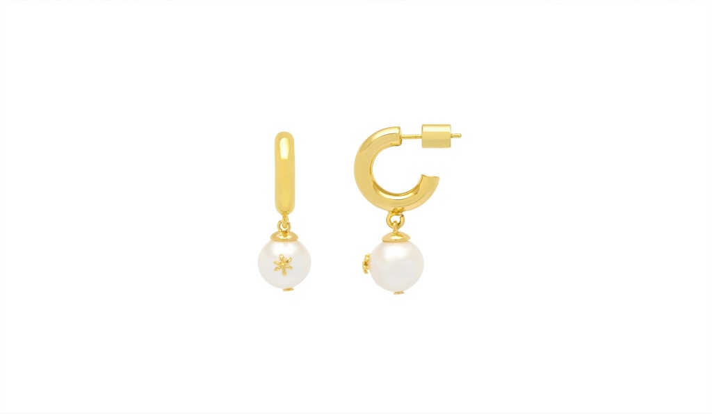 Drop Pearl Hoops With Floral Icon - Gold Plated