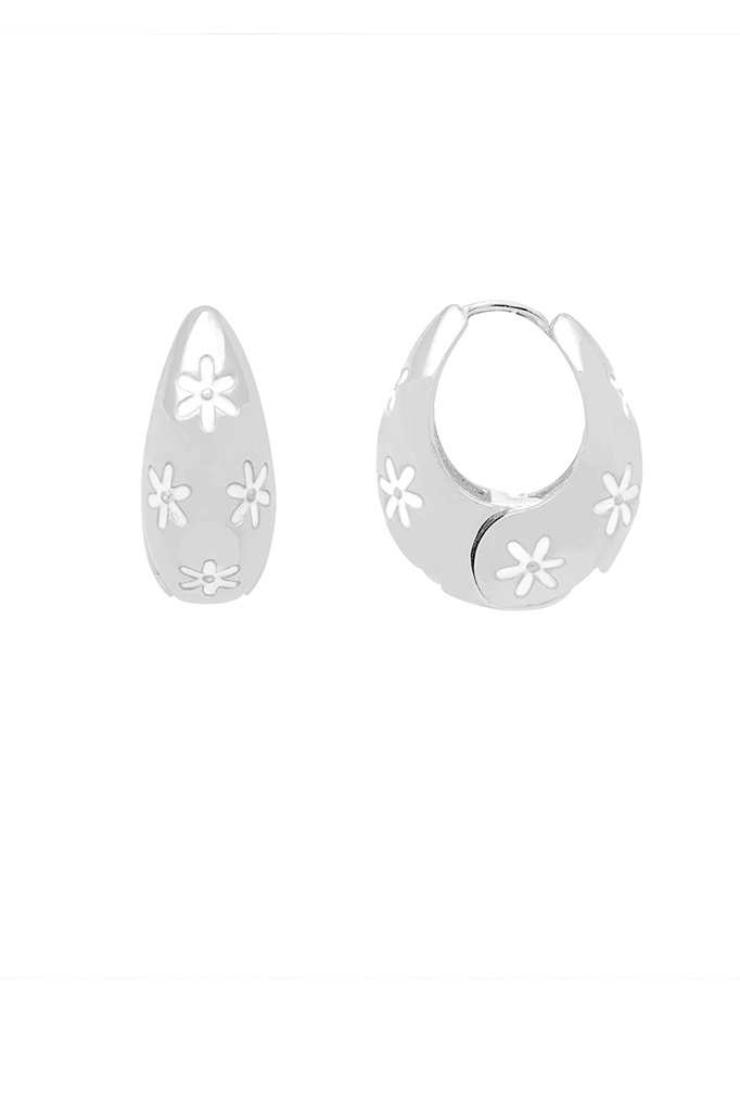 Flower Pattern Chunky Hinge Hoops - Silver Plated
