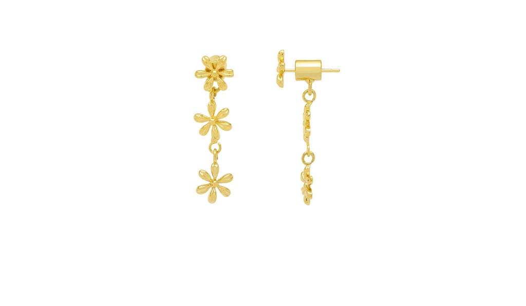 Triple Floral Drop Front Back Earring - Gold Plated