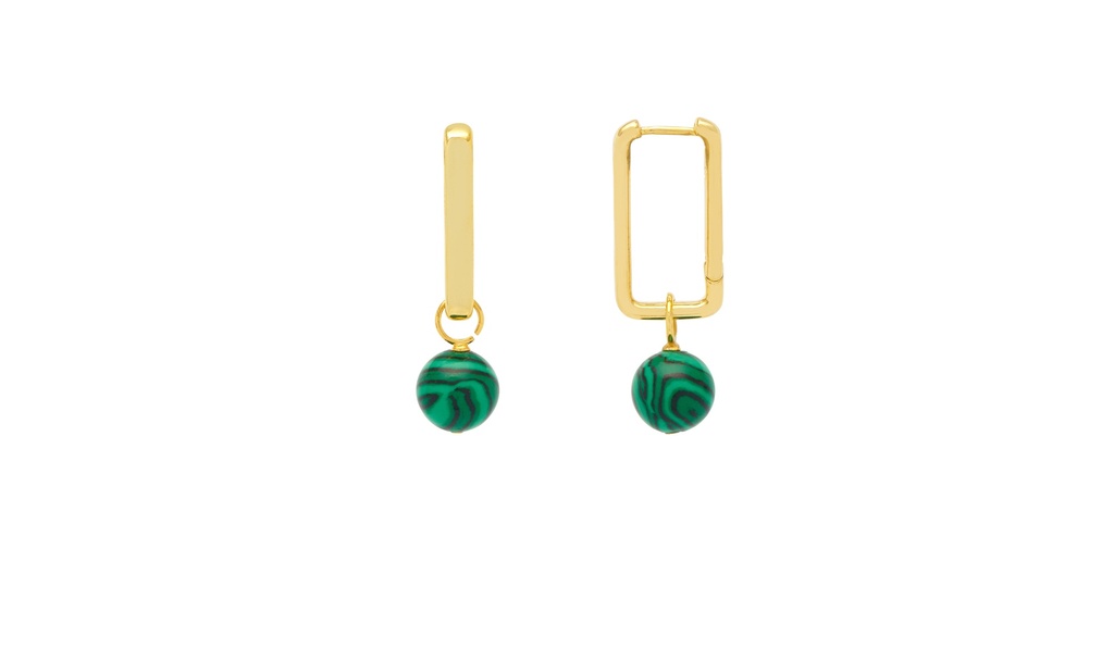 Elongated Square Hoop With Malachite Drop - Gold Plated