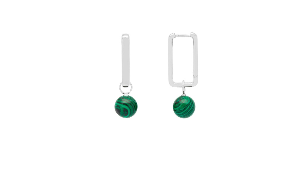 Elongated Square Hoop With Malachite Drop - Silver Plated