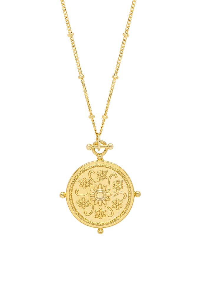 Floral Coin Necklace - Gold Plated