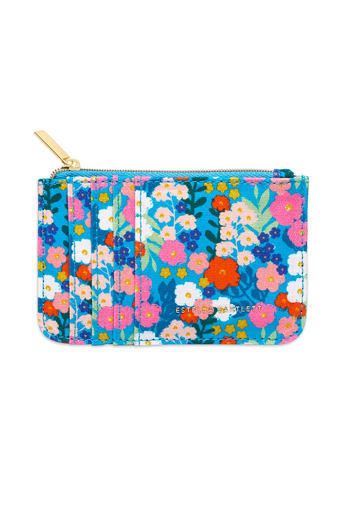 Card Purse - Bright Blue Floral Print Cotton Canvas