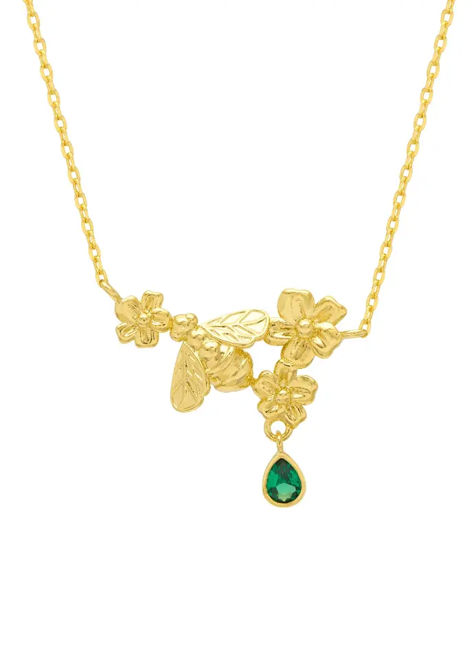 Flower Bee Green Droplet Necklace - Gold Plated