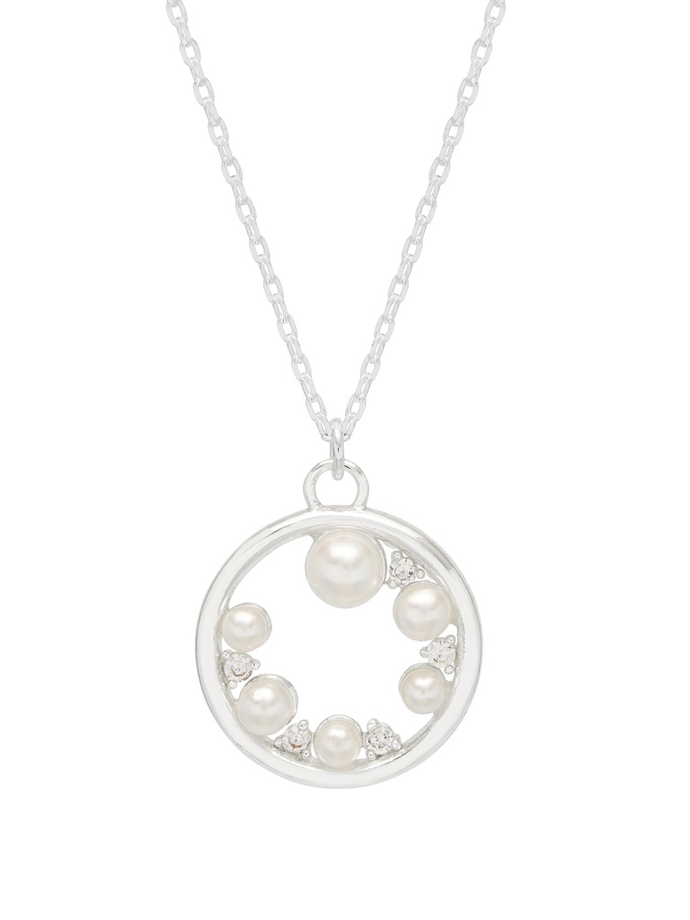 Circle Pearl And CZ Necklace - Silver Plated