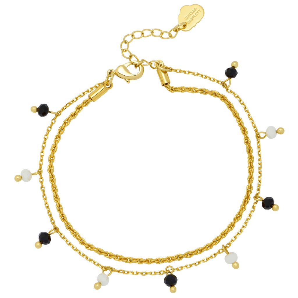 Black And White Crystal Double Chain Bracelet - Gold Plated