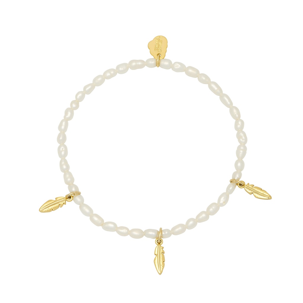 Pearl Triple Feather Bracelet - Gold Plated