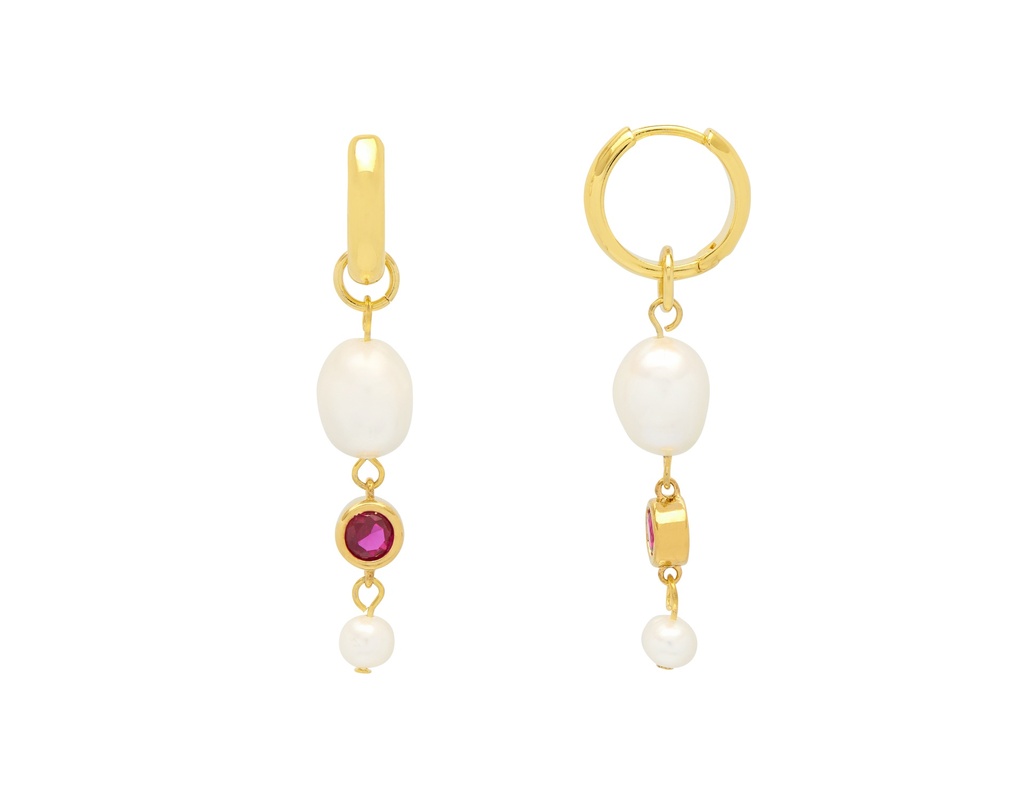 Pink Cz Organic Pearl Drop Hoops - Gold Plated