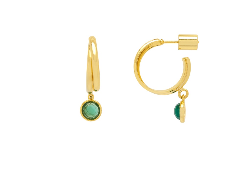 Green Gemstone Drop Twisted Hoops - Gold Plated