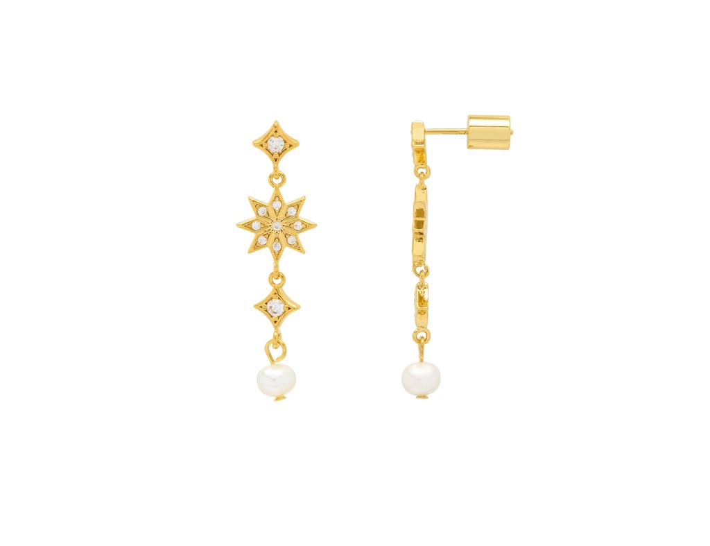 Cz Star And Pearl Drop Earrings - Gold Plated