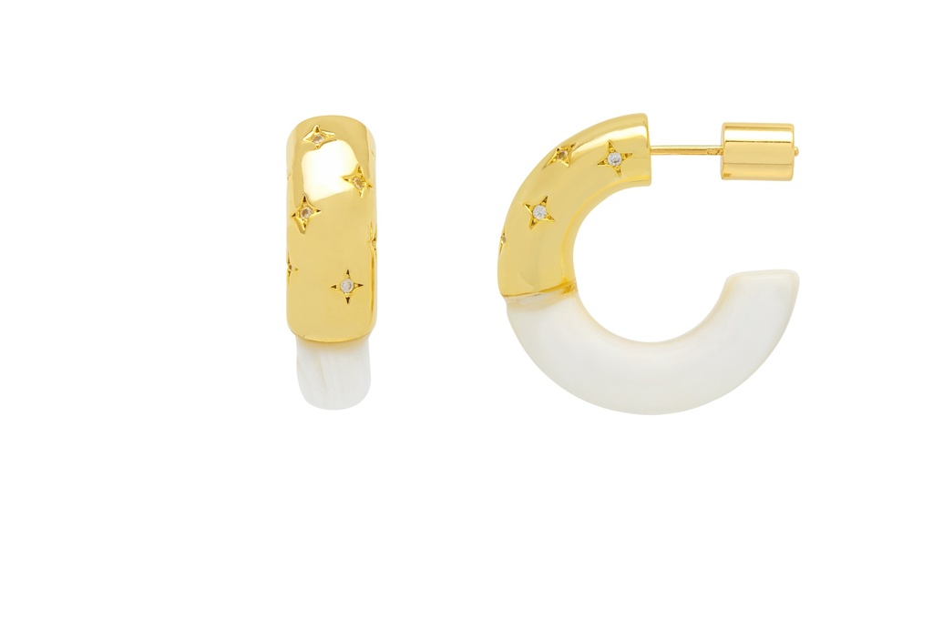 MOP And Clear CZ  Hoop Earrings - Gold Plated