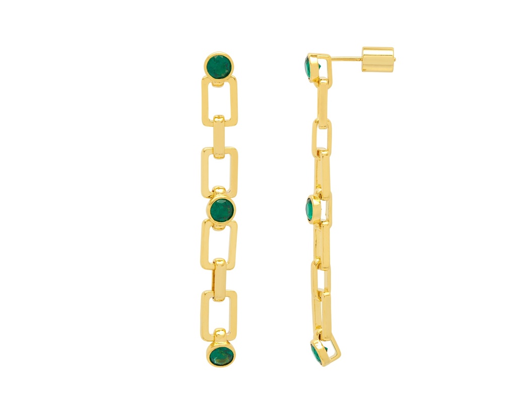 Square Link And Gemstone Drop Earrings - Gold Plated