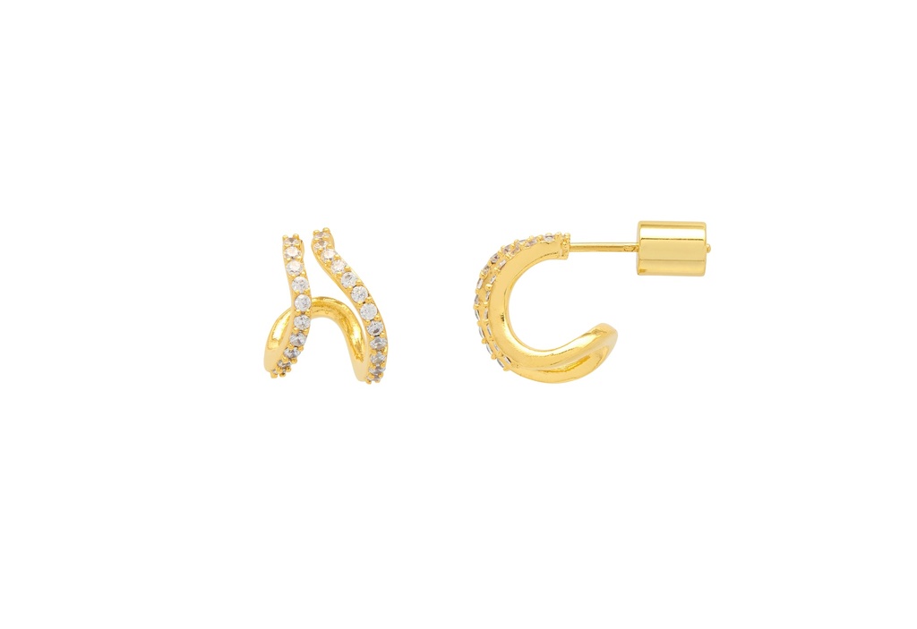 Double Wave Huggie White CZ Earrings - Gold Plated