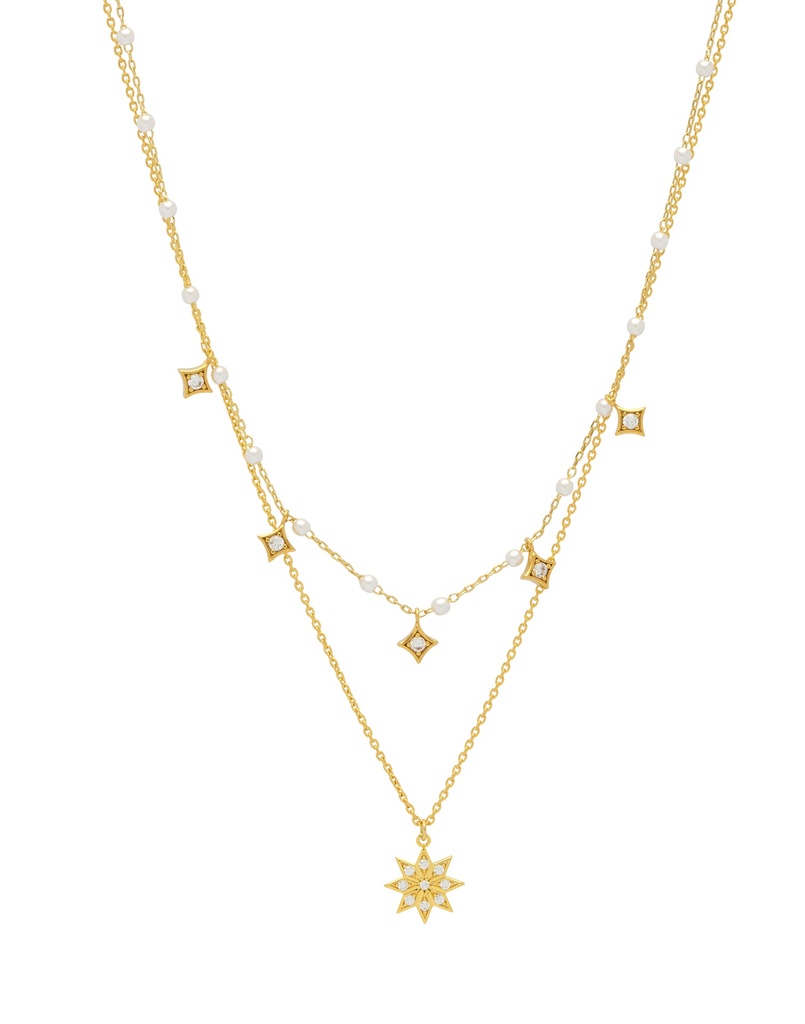 Pearl And Star Double Chain Necklace - Gold Plated