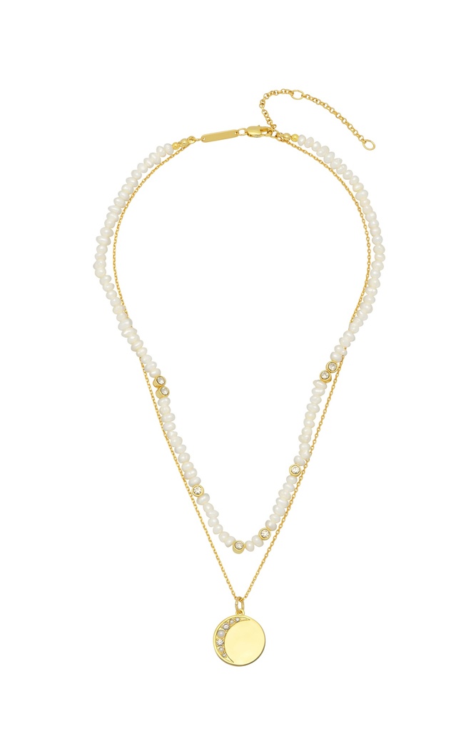 CZ And Pearl Double Chain And Moon Necklace - Gold Plated
