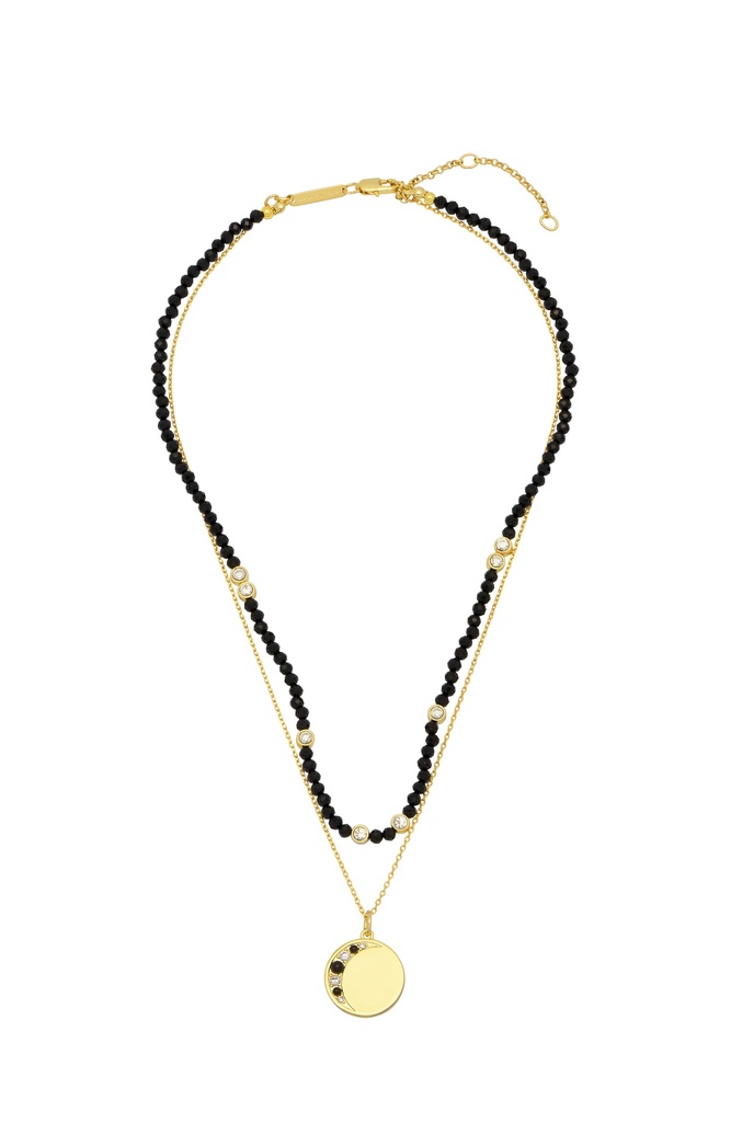 Black And Cz Double Chain Moon Necklace - Gold Plated