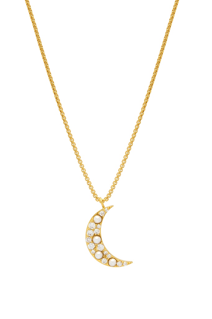 Mix Pearl And Cz Moon Necklace - Gold Plated