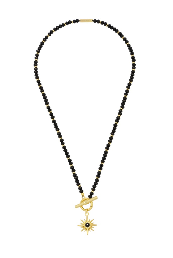 Black Agate Star Charm T-Bar Necklace - Gold Plated