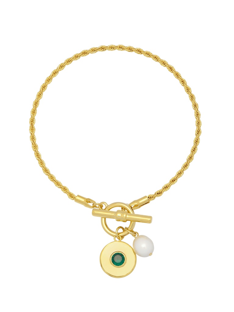 Green And Pearl Rope T Bar Bracelet - Gold Plated