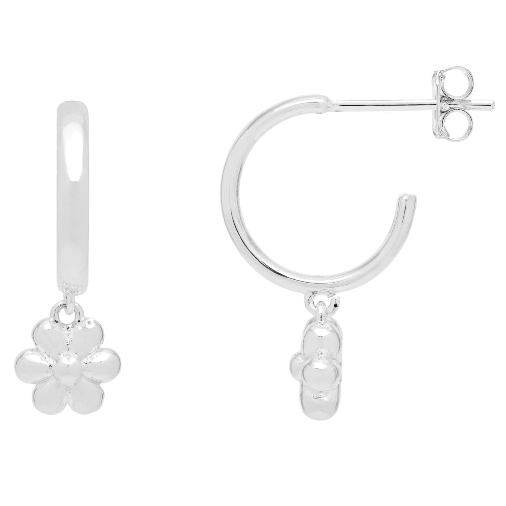 Flower Padlock Hoop Earrings - Silver Plated