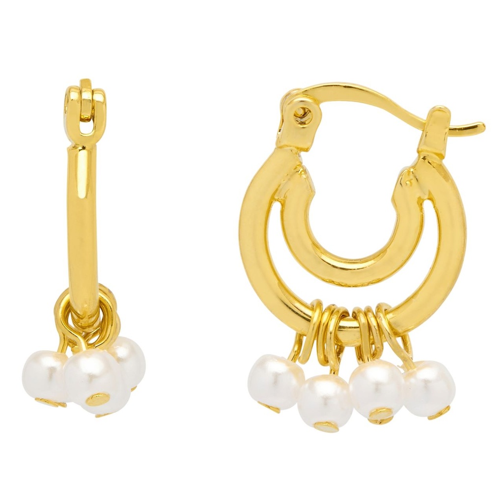 Double Hoop Drop Pearl Earrings - Gold Plated