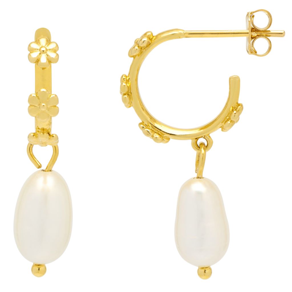 Multi Flower Organic Pearl Drop Earrings - Gold Plated