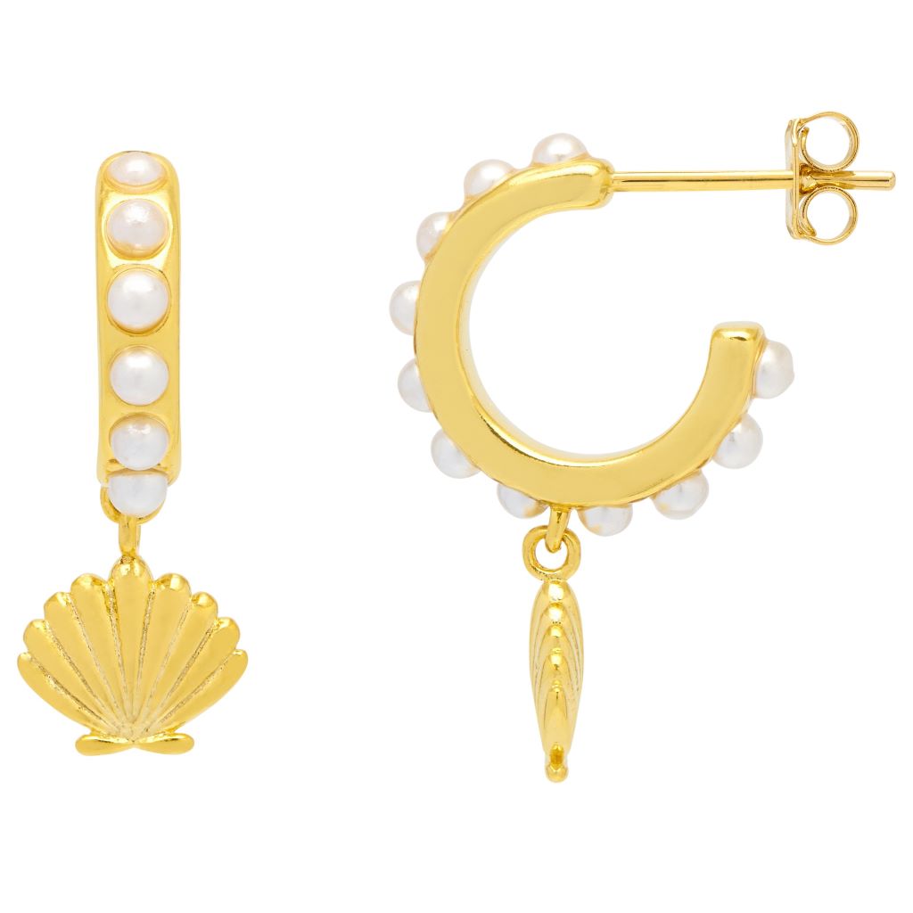 Scallop Charm And Pearl Hoop Earrings - Gold Plated