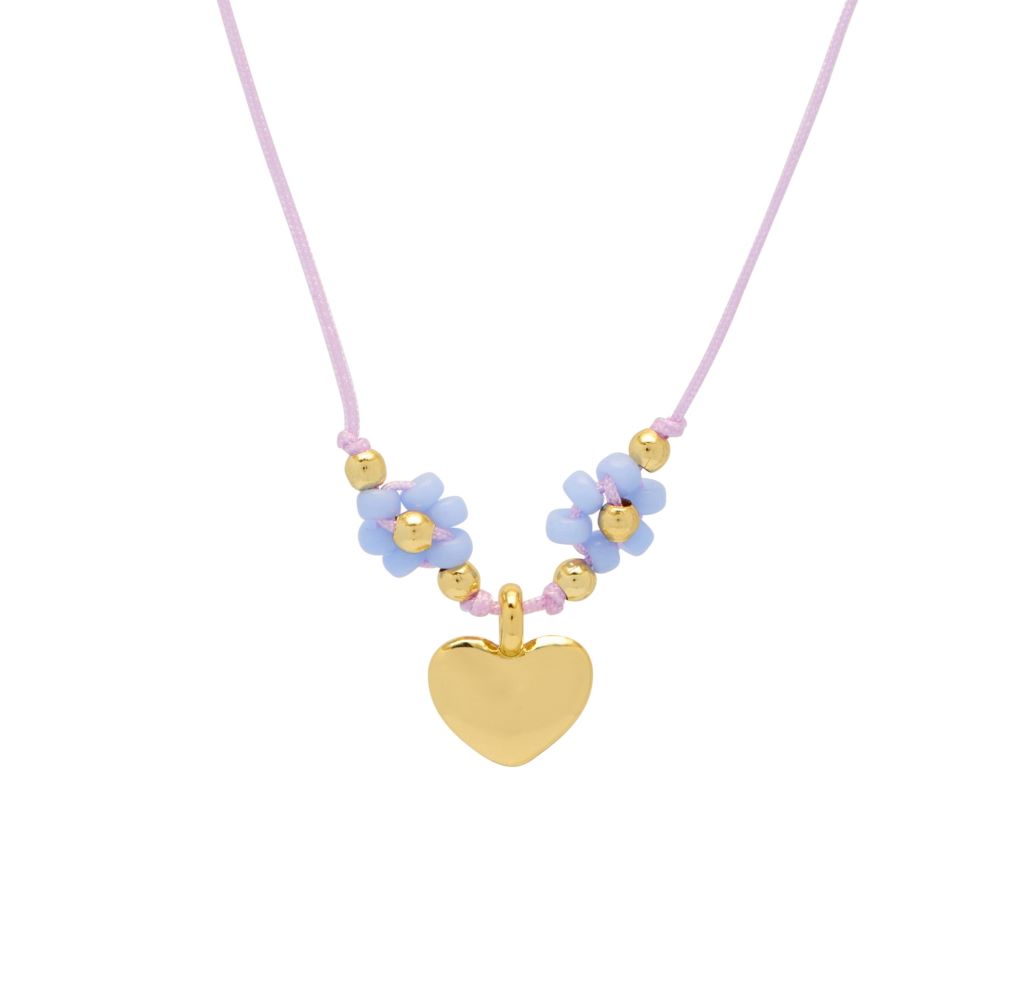 Heart And Blue Flower Miyuki Necklace - Gold Plated