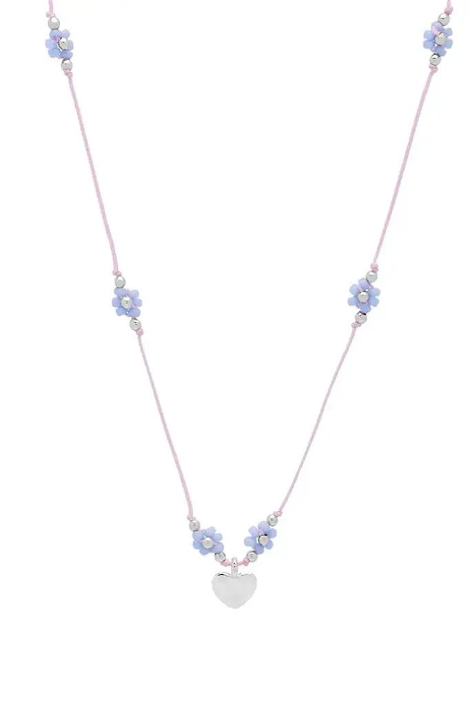 Heart And Blue Flower Miyuki Necklace - Silver Plated