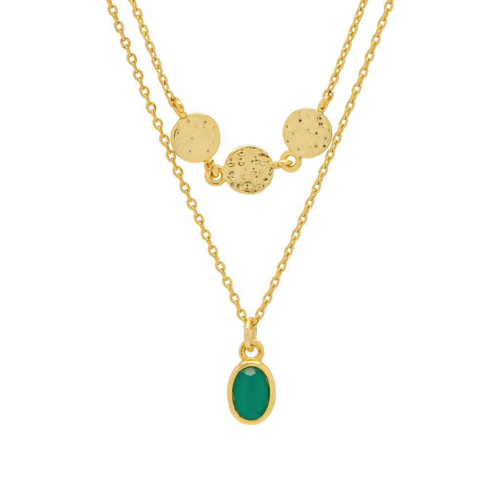 Hammered Disc And Green Stone Duo Necklace - Gold Plated