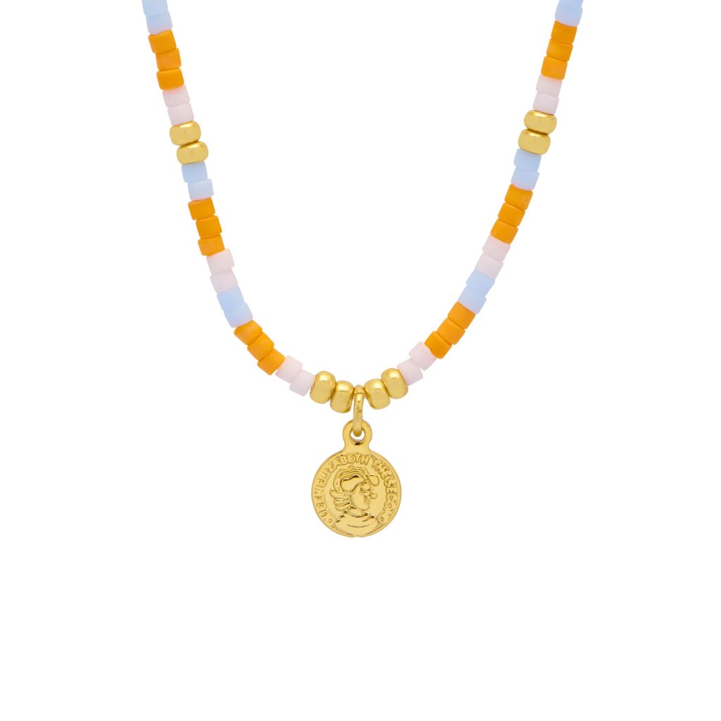 Orange And Blue Miyuki Coin Necklace - Gold Plated