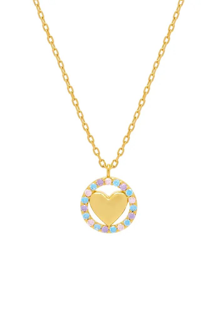 Pastel CZ And Heart Necklace - Gold Plated