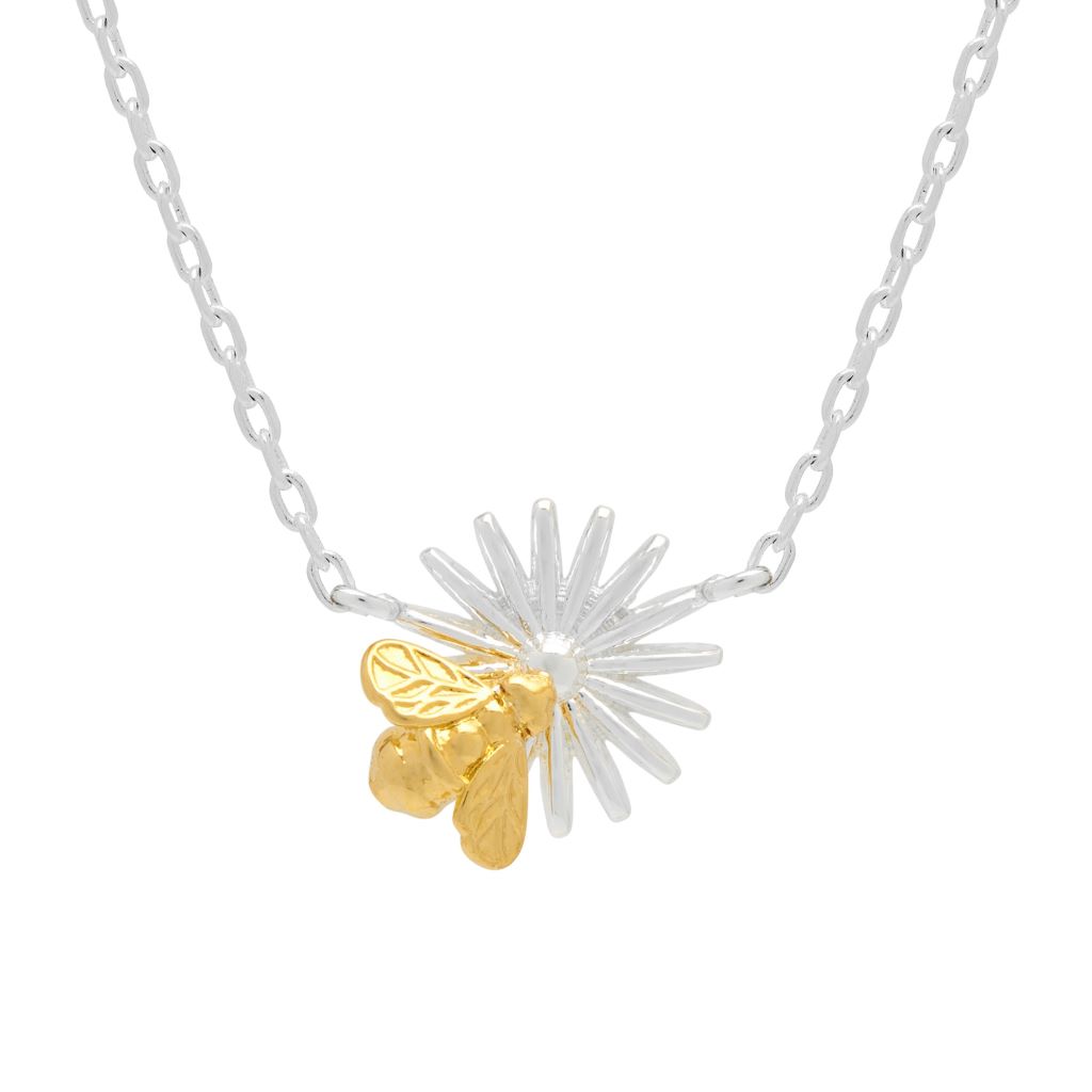 Flower And Bee Necklace - Silver Chain