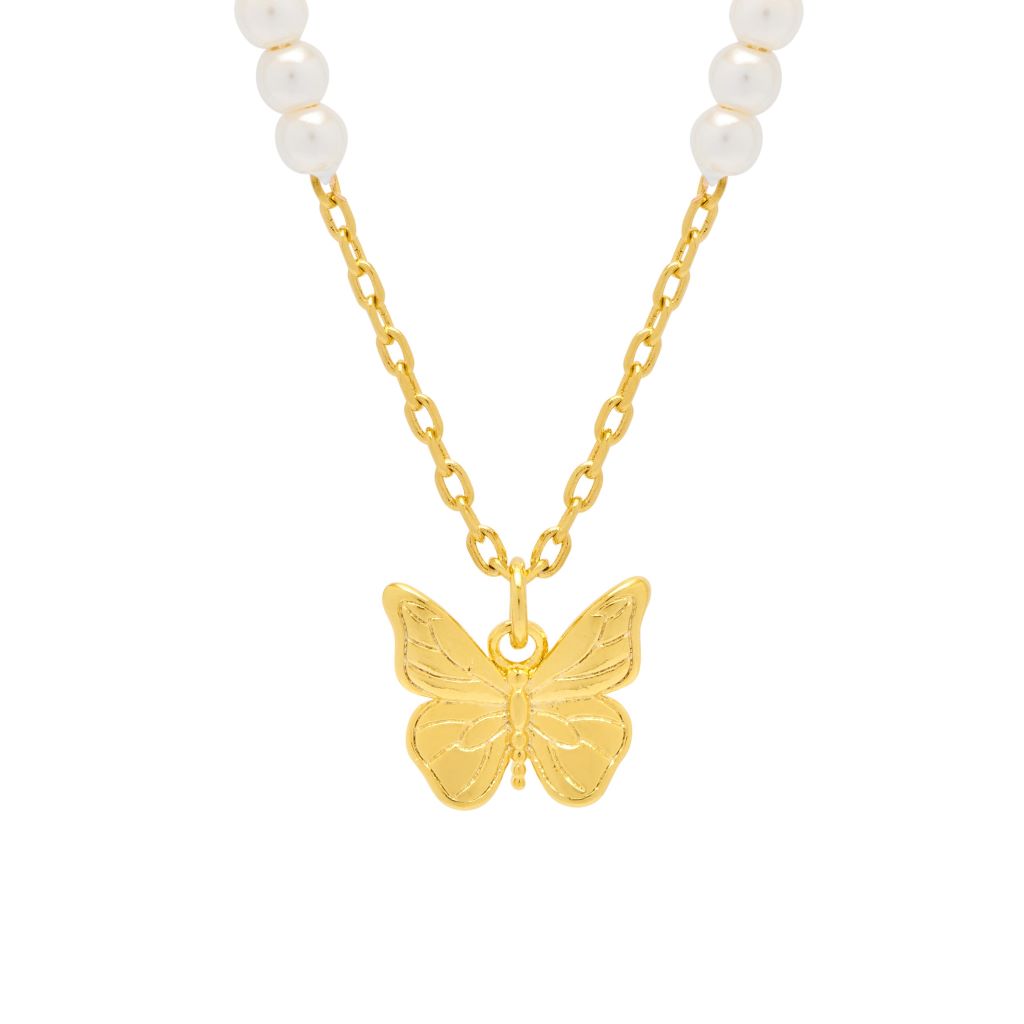 Pearl And Butterfly Necklace - Gold Plated