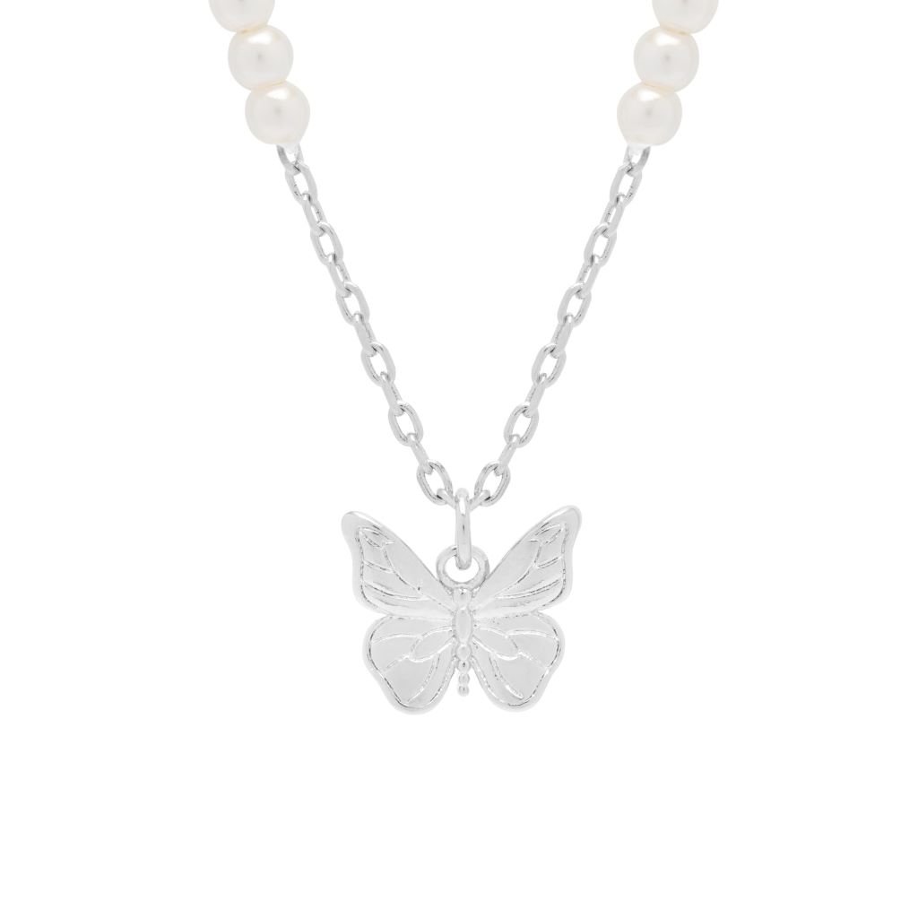 Pearl And Butterfly Necklace - Silver Plated