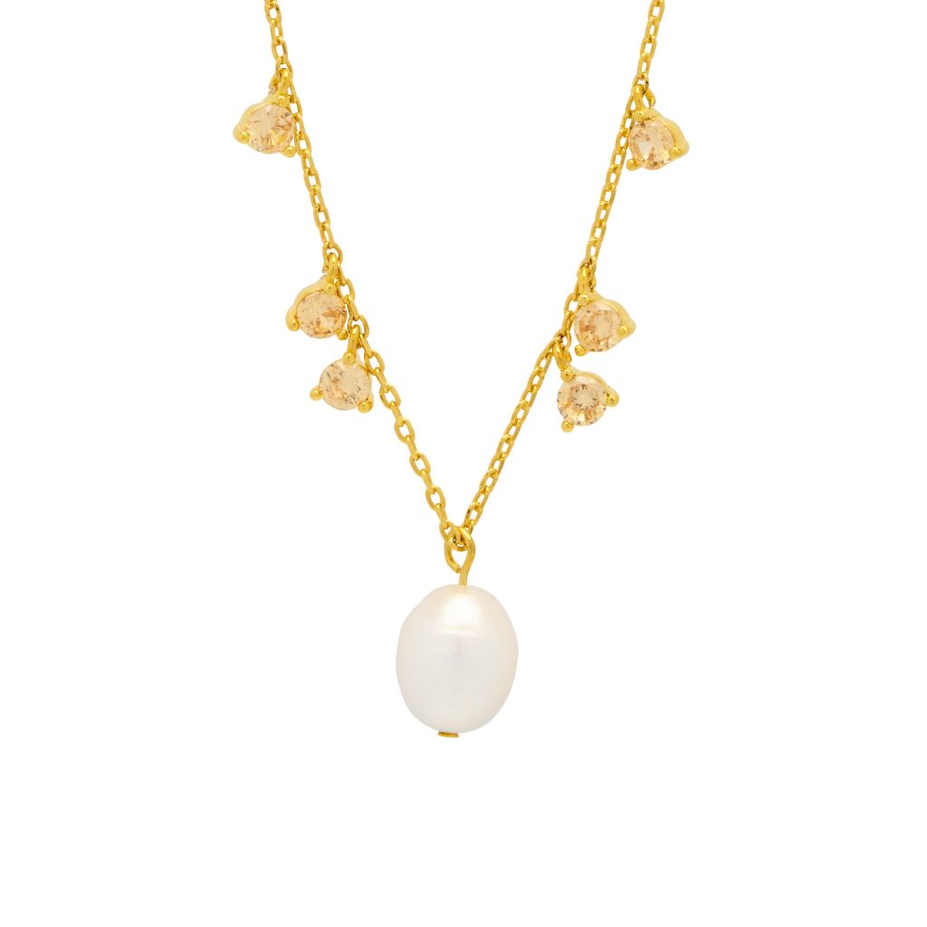 Pearl And Orange CZ Necklace - Gold Plated
