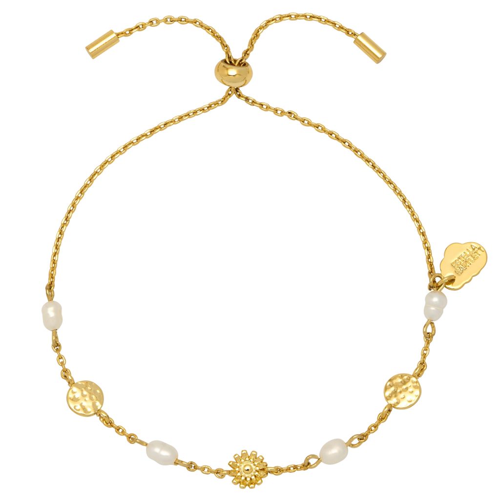 Flower Pearl Hammered Disc Bracelet - Gold Plated