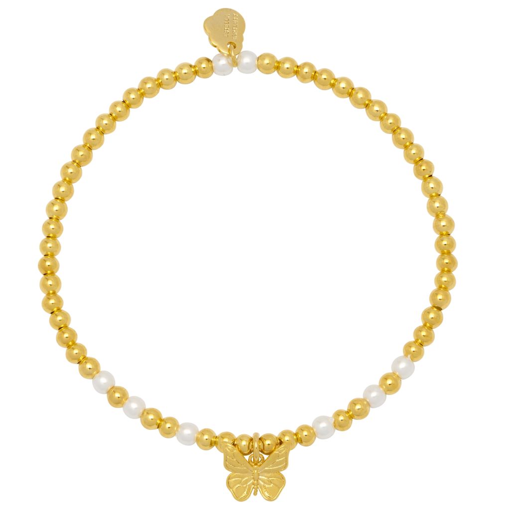 Pearl And Butterfly Stretch Sienna Bracelet - Gold Plated