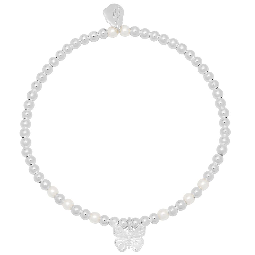 Pearl And Butterfly Stretch Sienna Bracelet - Silver Plated