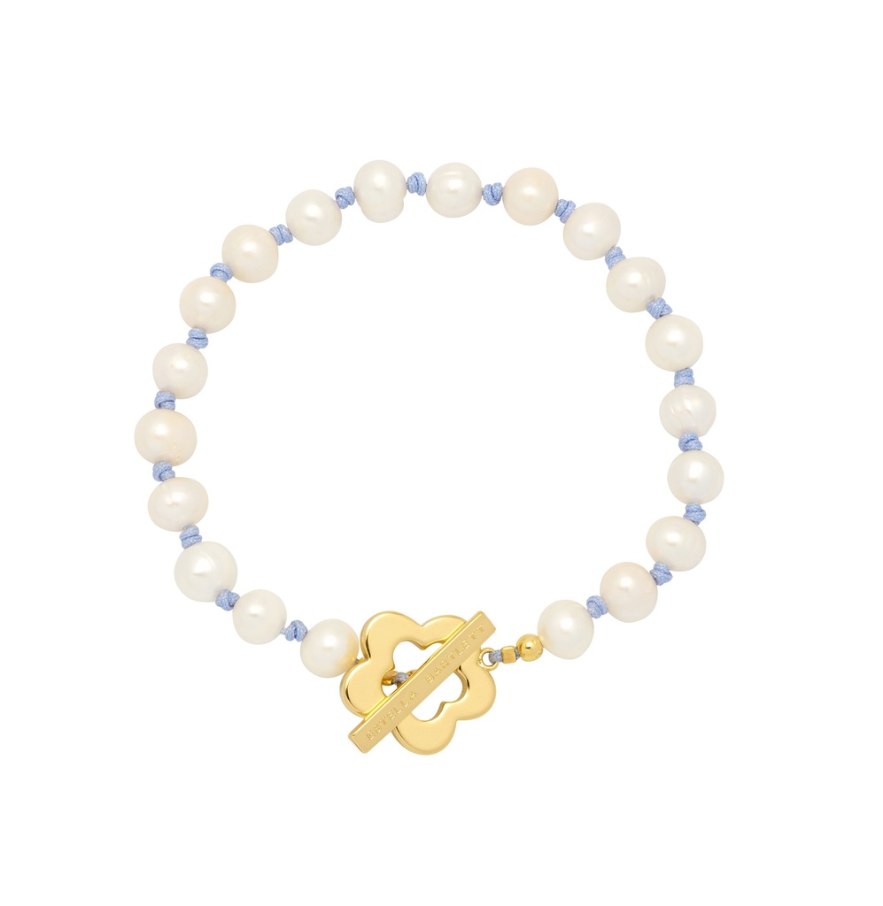 Pearl And Knot Flower T Bar Bracelet - Gold Plated