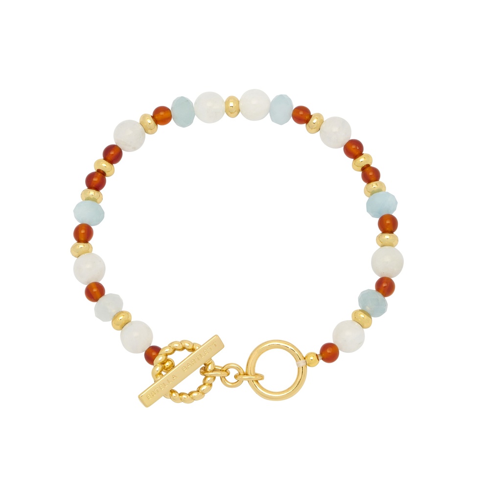 Moonstone, Blue And Red Beaded T Bar Bracelet - Gold Plated